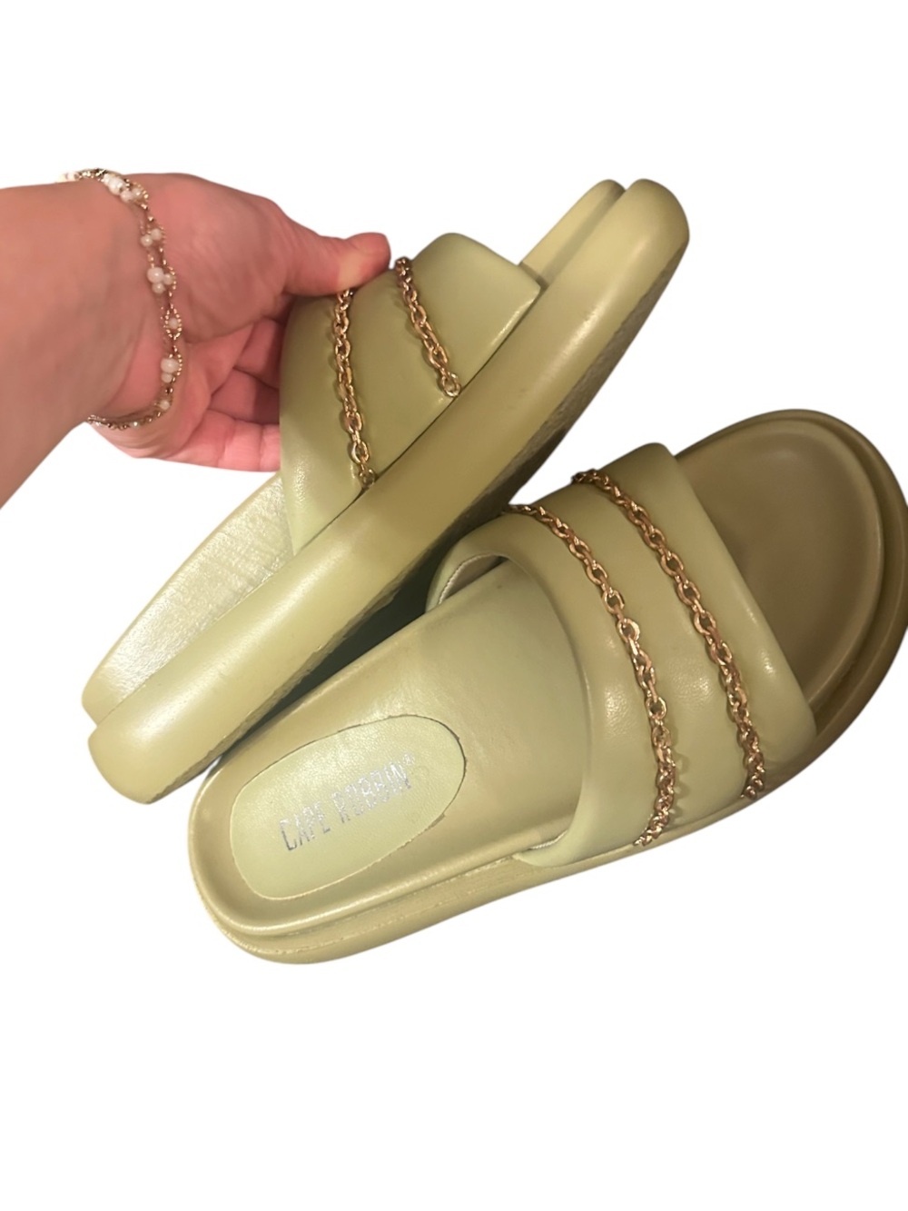 Cape Robbin Olive Green Slide Sandals with Gold Chain